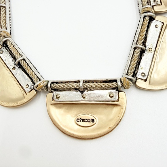 Chico’s Brushed Gold Rhinestone Statement Necklace Rope Chain Bib - Picture 8 of 12